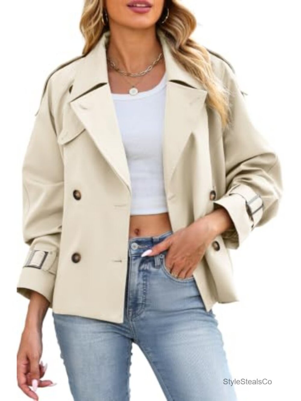 Cropped Double Breasted Trench Coat Windproof Polyester Jacket